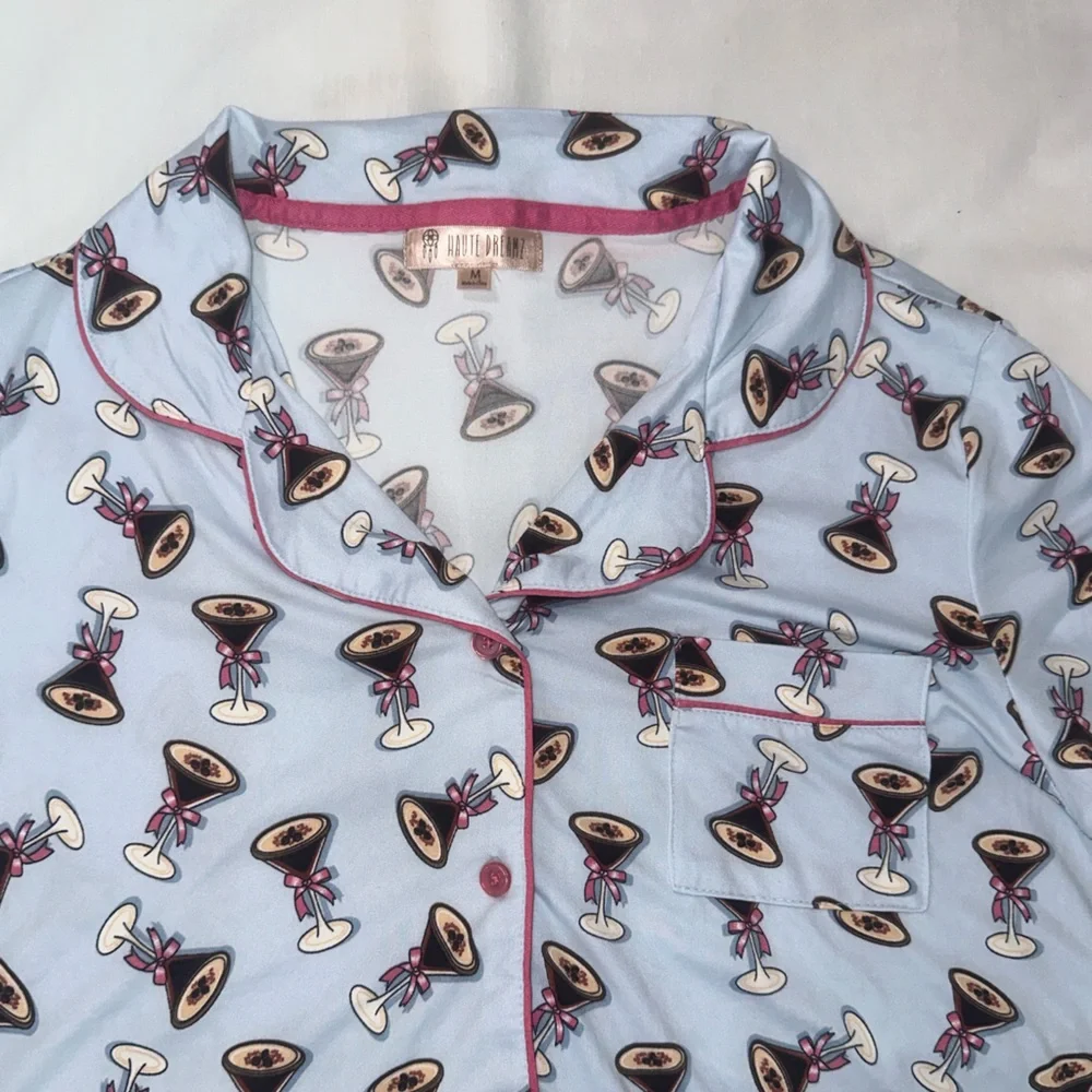 Haute Dreamz Blue Cocktail Martini Print Pajama Sleepwear Set Womens Size M